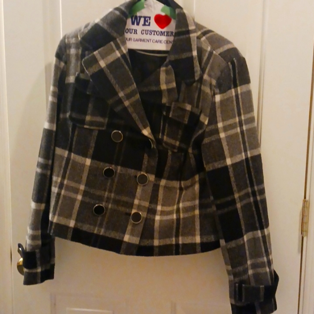 Black and white hip length double-breasted Blazer size